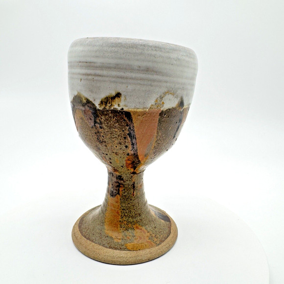 Studio Art Pottery Goblet Chalice Cup Textured Brown Gray Stoneware Signed #3 - Picture 3 of 9